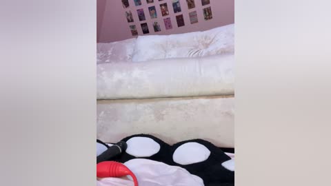 Video of a cluttered, pink room with a white couch, a plush toy, and a messy floor.