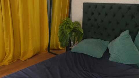 Video of a modern bedroom featuring a dark green tufted headboard, mustard-yellow curtains, a potted plant, and navy bedding with teal pillows.