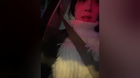 Media: A dimly lit video of a young person with dark hair, wearing a white turtleneck, seated in a car, with a red tint. The image is blurred and has a dramatic, moody atmosphere.