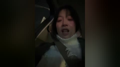 A dimly-lit, grainy video shows an Asian woman with long, dark hair and a distressed expression, wearing a black and white outfit, seated in a car.