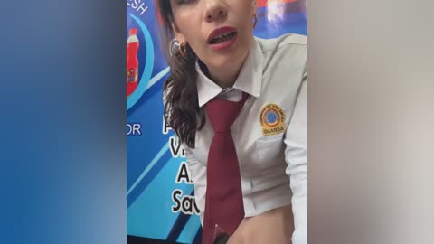 Video of a woman in a white shirt and maroon tie, partially obscured by a blue and white advertisement background.