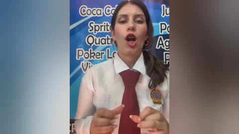 Video of a woman with dark hair, wearing a white shirt and maroon tie, speaking animatedly against a backdrop of blue text and a blurred figure.
