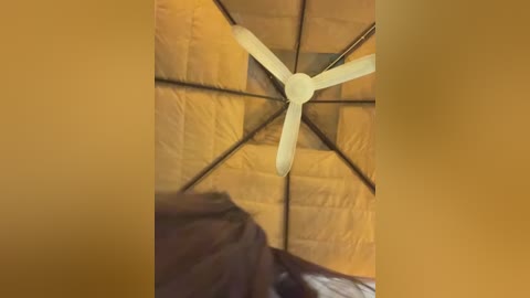 A video of a beige, collapsible, dome-shaped tent with a white ceiling fan at the center, mounted on a dark metal frame. The tent fabric has a smooth texture, and the fan blades are evenly spaced.