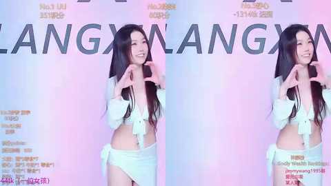 A digital promotional image for an Asian woman with long black hair, wearing a white crop top and matching sarong, posing against a pastel gradient background.