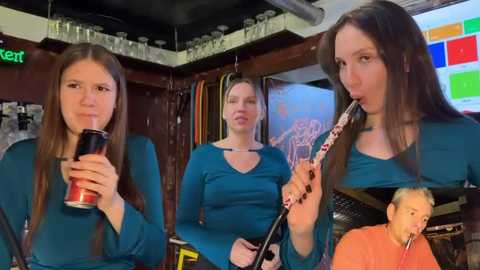 Video of three women in a bar; two drink from red Solo cups, one blows bubbles with a straw, another smiles. Background includes shelves, colorful lights, and a TV screen.