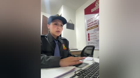 Video of a female police officer in a black uniform with a blue cap, seated at a desk in a dimly lit office.