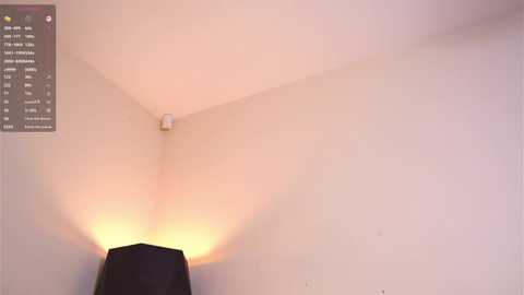 A video of a minimalist, modern room with a corner wall featuring a small, round, warm light fixture. The room has clean, light-colored walls and a black lampshade in the foreground.