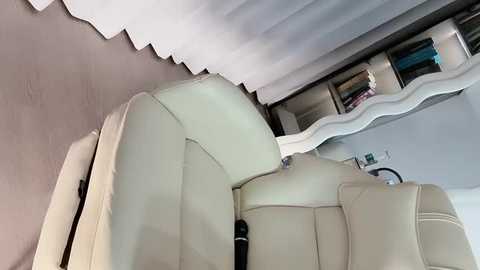 A video of a modern, beige leather sofa with a curved, white bookshelf in the background, featuring books and decorative items. The scene is indoors, with soft lighting creating a cozy ambiance.