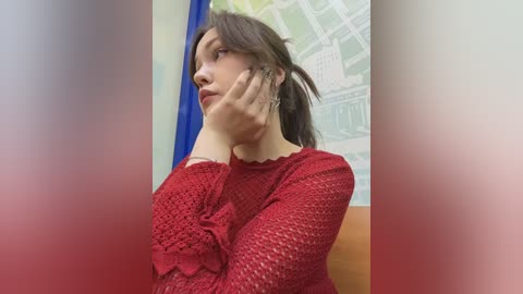 A video of a woman with long brown hair, wearing a red knitted sweater, resting her chin on her hand in a reflective pose. The background features a blurred, colorful mural and blue wall.