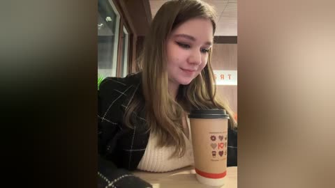 Video of a young woman with long, wavy brown hair, wearing a black plaid jacket and white sweater, holding a coffee cup, in a cozy, dimly lit caf\u00e9.