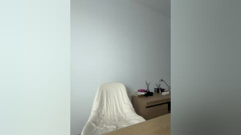 A video of a minimalist, sparsely furnished room with a white chair covered in a white sheet, a wooden desk with a black lamp, and a small, closed book. The walls are painted light gray.