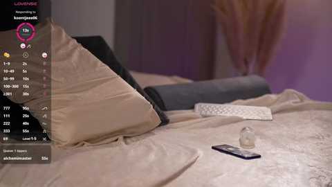 A video of a beige bed with a grey pillow, a grey blanket, and a white remote control on a white sheet. A purple, blurred background suggests a bedroom setting.