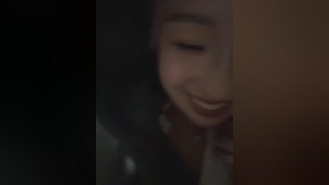 Media: A blurred video shows a close-up of a woman's face with closed eyes and a faint smile, partially obscured by dark and light brown vertical stripes, creating a moody, abstract effect.