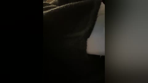 A close-up video of a person's hand holding a dark, textured blanket. The background is dimly lit, with soft shadows enhancing the contrast between the blanket and the person's skin.