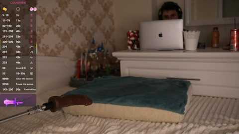 A video shows a man working on a laptop on a beige couch, with a green cushion and a brown whip nearby. The room has floral wallpaper and a cluttered desk.