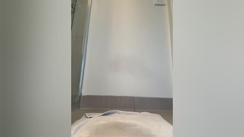 Video of a narrow, beige-tiled bathroom with a white shower curtain and a plush white bath mat. The image is taken from a low angle, capturing a minimalist and clean design.