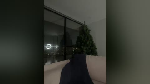A dimly lit video captures a modern, minimalist living room with a tall Christmas tree adorned with white lights and a navy blue throw blanket.