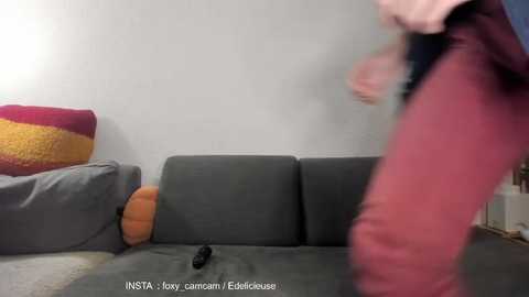 A video showing a blurred person in a red sweater and jeans, standing on a gray couch, next to a colorful, striped pillow and a stuffed animal.