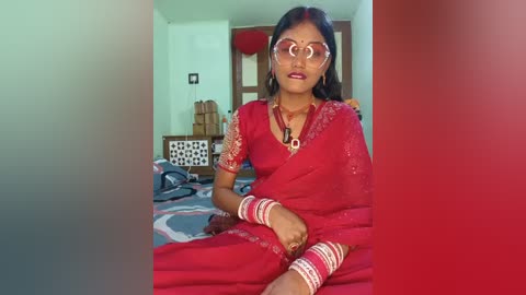 Video of a South Asian woman in a red sari with matching jewelry, sitting on a bed, in a modest, brightly lit bedroom.