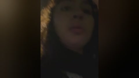 A dimly lit video of a young girl with curly hair, wearing a dark coat, and a scarf, standing in a shadowy, possibly forested background.