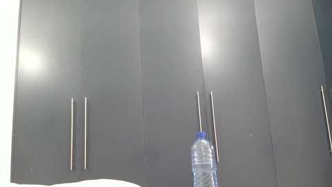 Video of a modern kitchen with sleek, matte black cabinets featuring vertical handles. A clear plastic bottle of water is partially visible on the right side.