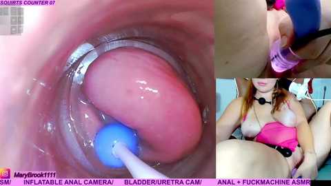 Video collage featuring explicit close-up shots of a vaginal insertion with a blue vibrator, and a woman in a pink bikini top, revealing cleavage.