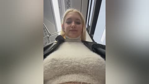 Video of a young blonde woman in a tight white sweater and black jacket, standing in a dimly lit, industrial-looking room with metal panels and fluorescent lighting.