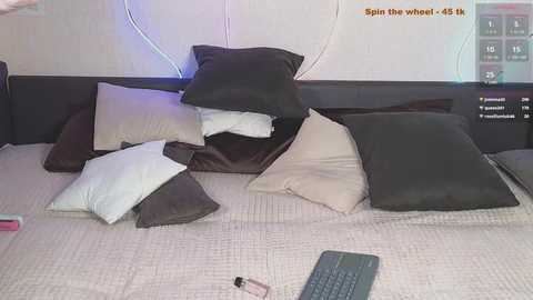 Video of a bed with a white headboard, featuring a mix of black and beige pillows scattered on a beige quilted bedspread. A remote control and a small pink object are on the bed.