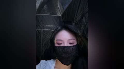 Media: A video of an East Asian woman with pale skin, wearing a black face mask, black hat, and a light-colored top. She stands in front of a dark umbrella, partially hidden. The background is dark and indistinct.