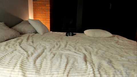 Video of a dimly lit bedroom with a beige quilted bedspread, two pillows, a TV remote, and a brick wall in the background.