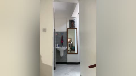 Video of a narrow hallway leading to a modern bathroom with white walls, grey tiles, a white sink, a mirror, and toiletries on a shelf.