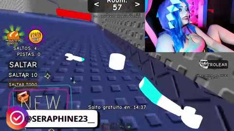 Video of a virtual reality headset displaying a blue-haired woman in a suggestive pose, overlaid with game interface elements including a keyboard, text, and icons.