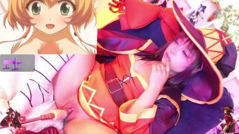 This image is a digital anime-style collage featuring a green-eyed anime character in a white top, a close-up of a woman in a red and blue wizard costume with a wand, and a sleeping woman in a similar outfit.