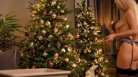 A video of a blonde woman, topless, wearing black lingerie and garter belt, standing beside a decorated Christmas tree in a warmly-lit room.