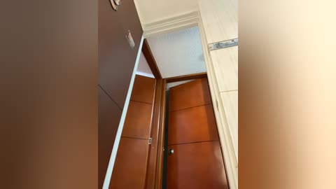 Video of a narrow, beige-tiled hallway with two wooden doors on the left, featuring a white ceiling with a slight water stain.