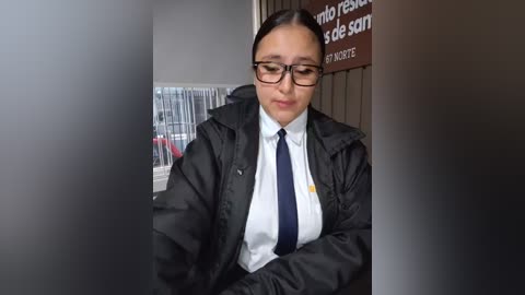 Video of a middle-aged woman with glasses, fair skin, and dark hair, wearing a white shirt, dark tie, and black jacket, standing in an office hallway with a French sign.