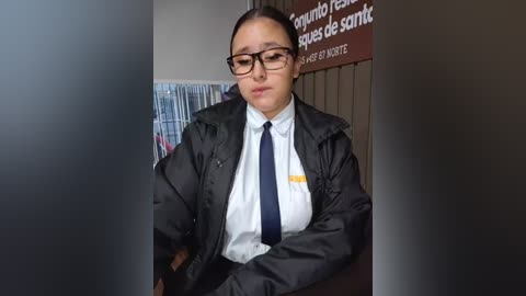 Video of a woman with a medium build, dark hair, and glasses, wearing a black jacket, white shirt, and blue tie, standing in a library with a sign and shelves in the background.
