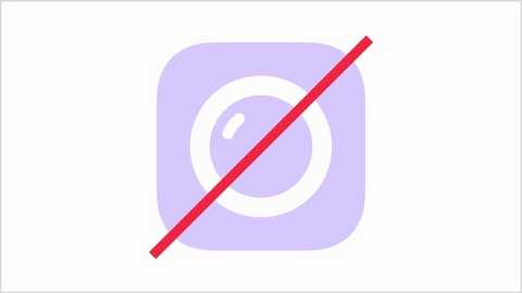 A digital illustration featuring a square icon with a light purple background. A white camera symbol is centered, crossed by a red diagonal line, indicating \"no\" or \"forbidden.\" The background is white.