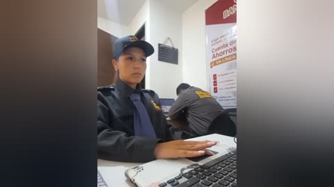 Video of a young police officer in a black uniform with a blue cap, sitting at a desk in a brightly lit office, typing on a laptop, background includes a poster.