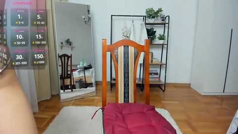 Video of a minimalist bedroom with wooden floors, a wooden chair, a bookshelf, and a large mirror reflecting the room.