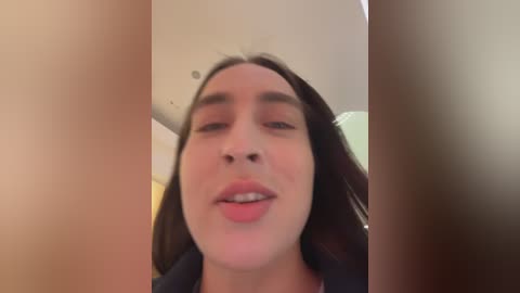 Video of a young woman with fair skin, dark hair, and light makeup, smiling slightly, set against a blurred indoor background.