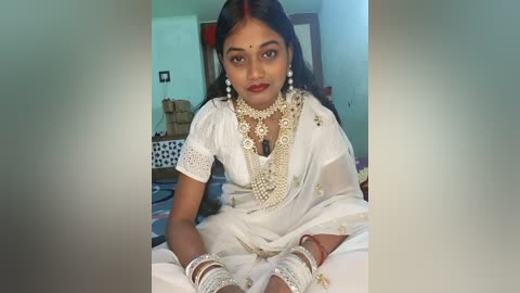 Media: Video of a South Asian woman with medium skin tone, wearing a white saree adorned with intricate embroidery, heavy jewelry, and bangles, seated on a bed, background shows a simple room with a brown chair and a wall with a framed picture.