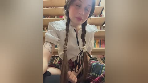 Video of a young Caucasian woman with fair skin and brown hair styled in braids, wearing a white blouse with frills, a plaid skirt, and a large plaid bag, sitting in a cozy book-filled room.