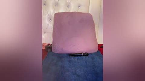 A video of a large, soft, pink pillow on a blue blanket with a black microphone on top. The background features a white, tufted headboard.