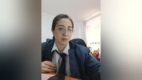 Video of a young woman with light skin, wearing glasses, a navy jacket, and a white shirt, sitting at a desk with a blurred background.