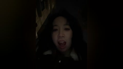 A dimly lit video of a young Asian woman with dark hair and pale skin, wearing a dark coat, appears startled or in distress, with a blurred, shadowy background.