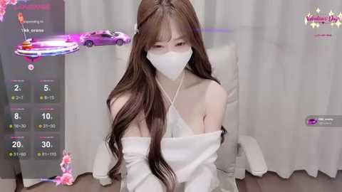 A photo of a young Asian woman with long brown hair, wearing a white mask and off-shoulder white top, sitting on a white chair, with virtual reality overlays of a purple car and stats in the background.