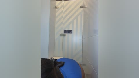 A video of a hallway with a white, zigzag-patterned door, a blue mat, and a black dog sitting in the foreground. The scene is minimalistic and utilitarian, with a neutral color palette.