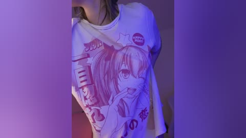 Media: Video of a person wearing a white T-shirt with a graphic of a cat girl, partially obscured by a shadow. The background is dimly lit in purple hues.