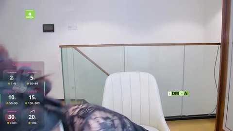 Video of a sleek modern staircase with white railings, a white chair, and a gray dog in motion, blurred. A digital fitness tracker display with green and white text overlays the scene.